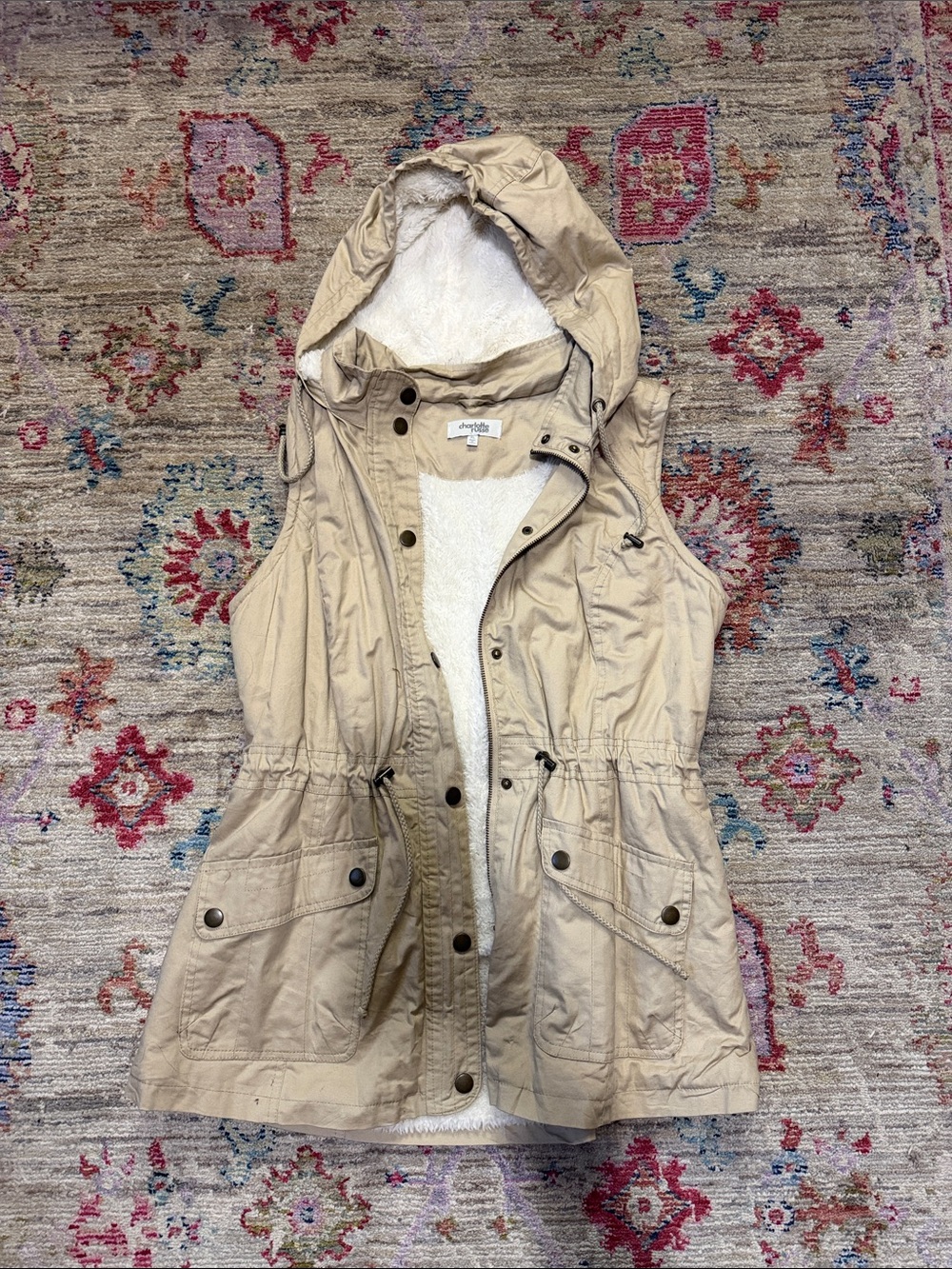 Charlotte Russe Beige Hooded Utility Vest with Sherpa Lining